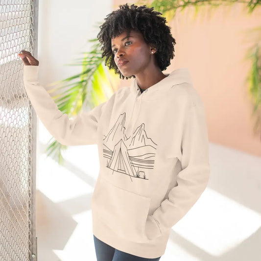 Off-white unisex hoodie with mountain and tent graphic, cozy fleece, spacious kangaroo pocket
