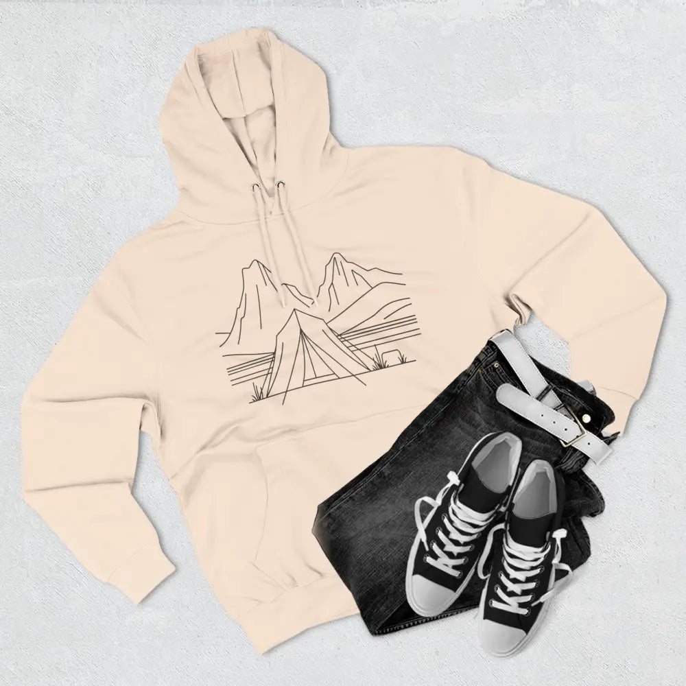 Light beige unisex hoodie with mountain and tent black outline design, luxurious fleece, spacious kangaroo pocket