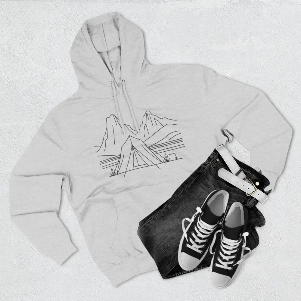 Light grey unisex hoodie with tent mountain design, cozy fleece, spacious kangaroo pocket