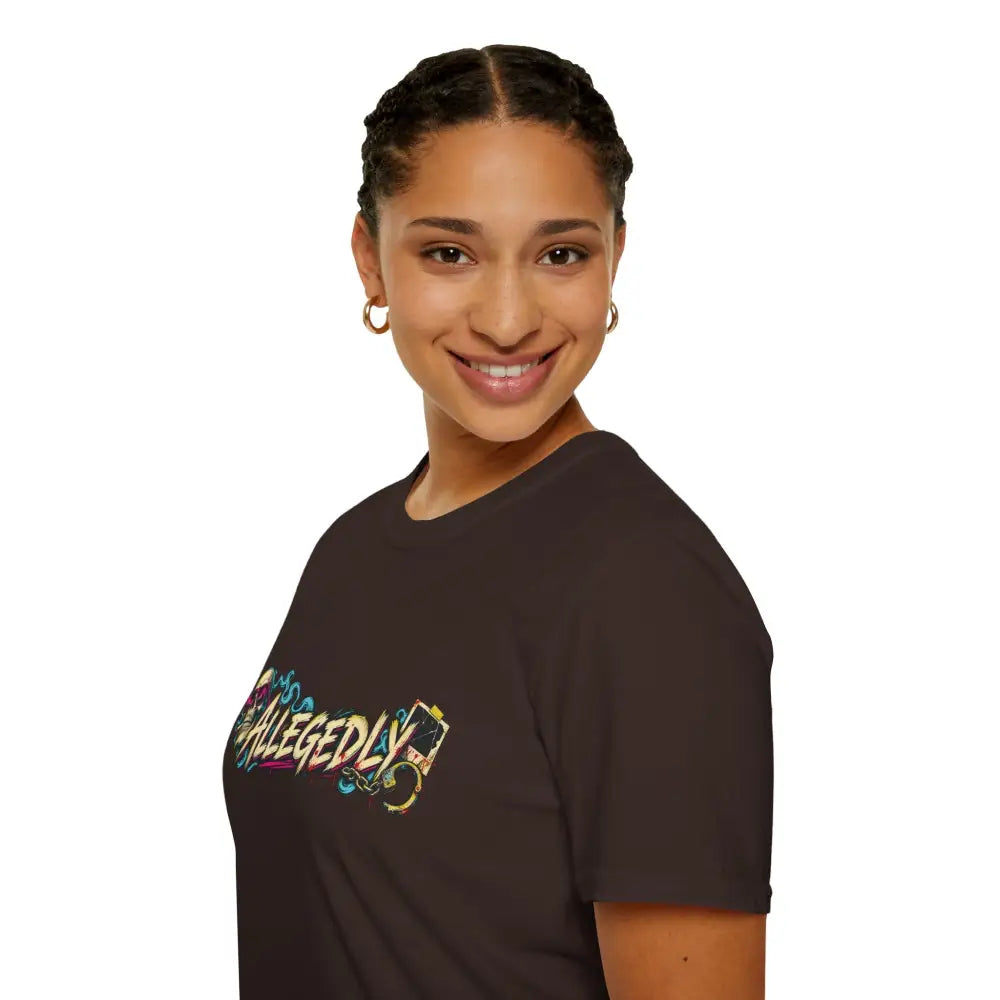 Black unisex t-shirt with colorful allegedly graffiti print made for street art lovers low heat tumble dry care instructions