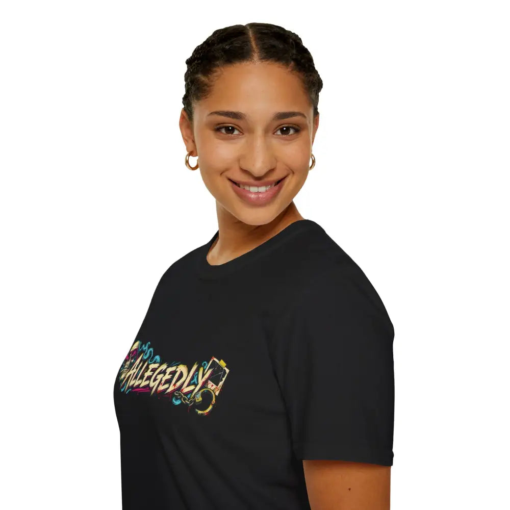 Black t-shirt featuring colorful allegedly graphic print made for street art style with low heat care instructions and tumble dry