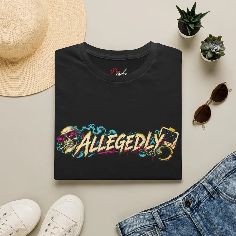 Black cotton unisex t-shirt with vibrant graffiti skull graphic and allegedly text, low heat tumble dry care instructions