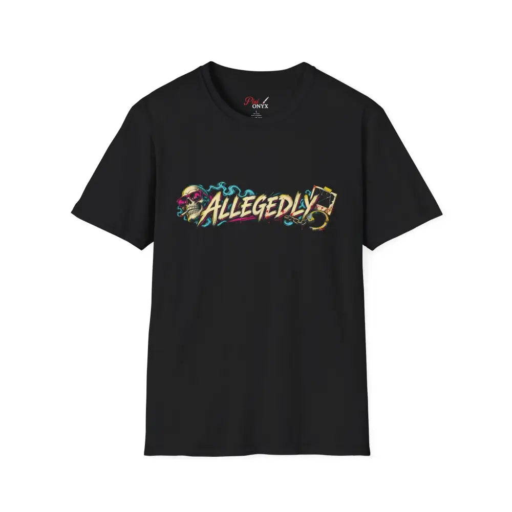 Black short-sleeved unisex tee with vibrant allegedly graffiti skull design in pink blue yellow and gold low heat tumble dry care instructions