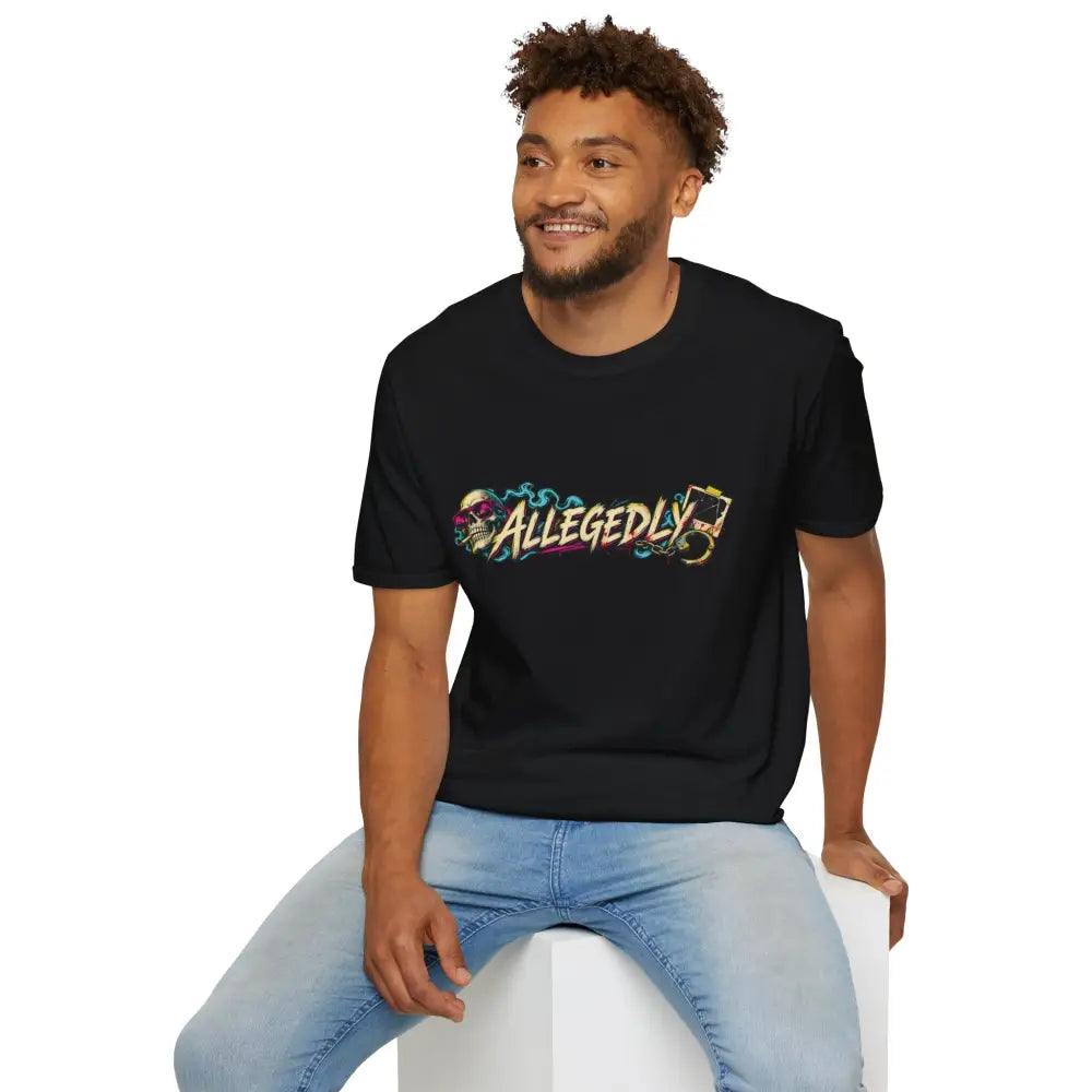 Black short-sleeved Allegedly graffiti unisex tee with skull and card graphic, low heat tumble dry care instructions