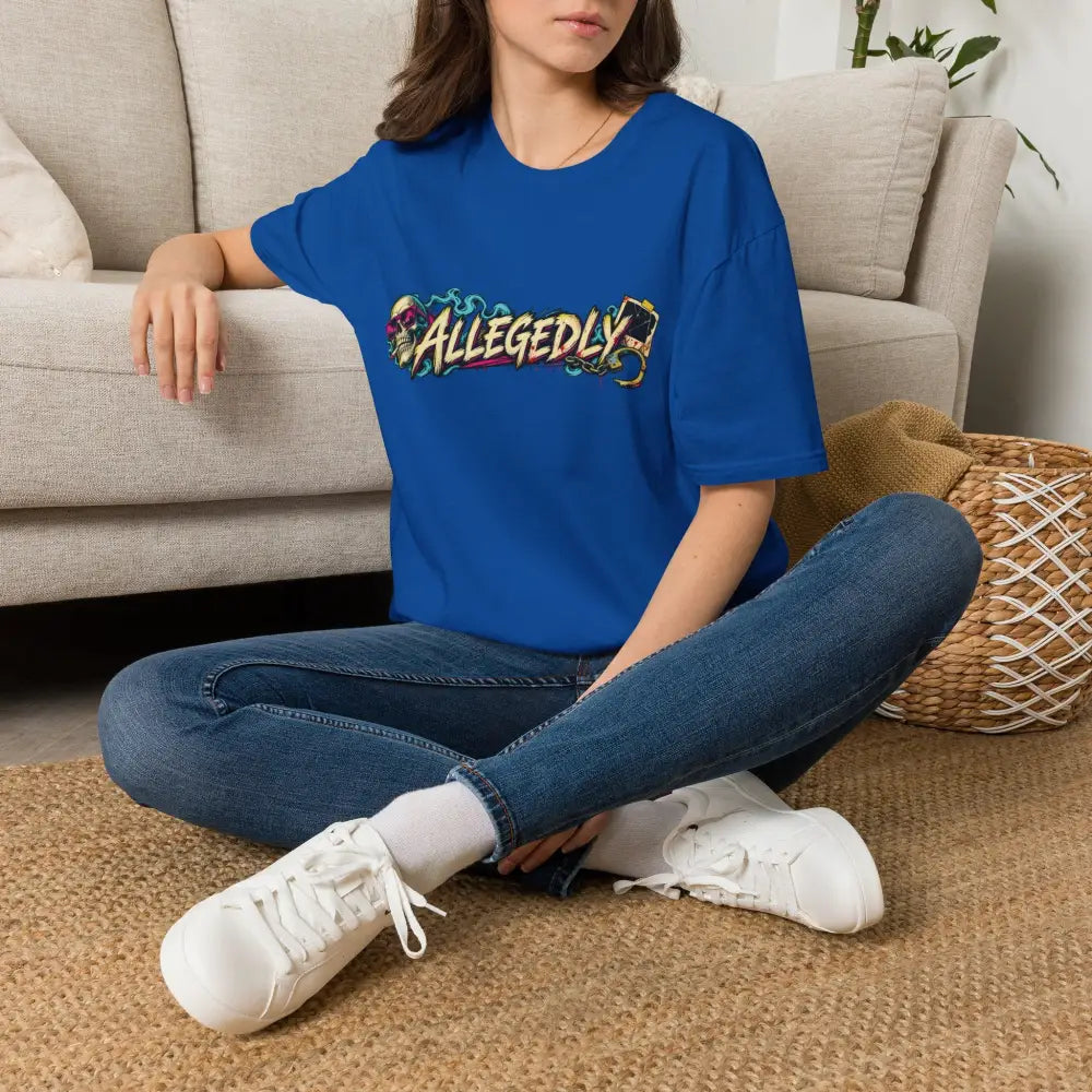 Blue oversized unisex t-shirt with colorful allegedly graffiti print and care instructions for low heat tumble dry