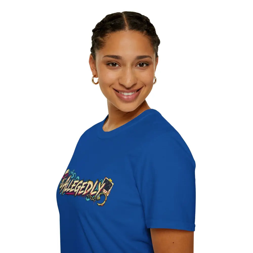 Blue cotton t-shirt with colorful graffiti allegedly graphic featuring low heat tumble dry care instructions