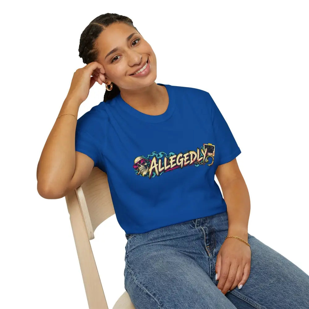 Blue short-sleeved Allegedly graffiti unisex tee with colorful street art graphic design care instructions recommend low heat tumble dry