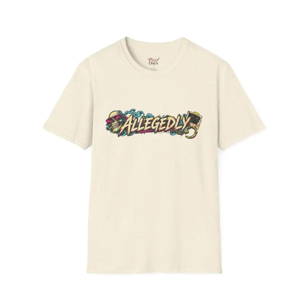 Cream-colored cotton Allegedly graffiti unisex tee with vibrant skull and camera design safe for low heat tumble dry care instructions