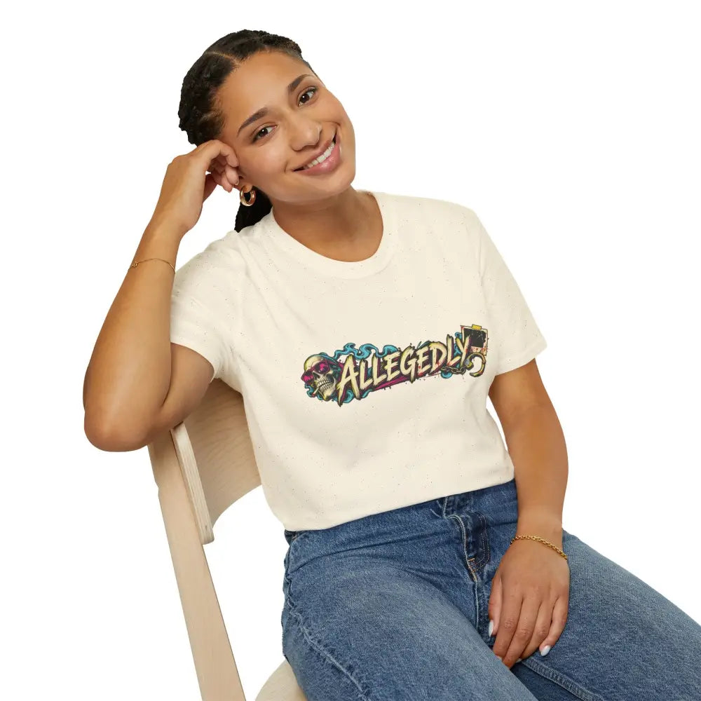 Cream-colored short-sleeved Allegedly graffiti unisex tee with skull and floral details low heat tumble dry care instructions