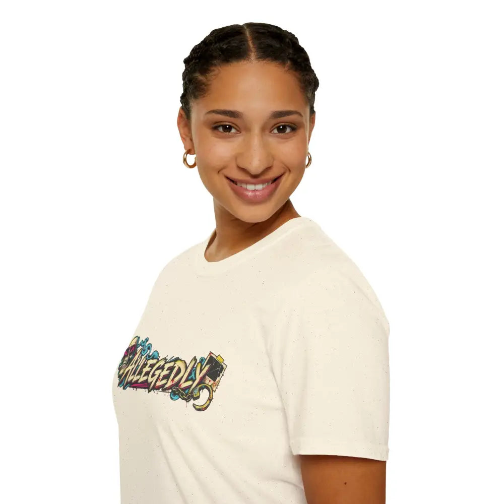 Cream-colored cotton Allegedly graffiti unisex tee with colorful street art graphic; tumble dry low heat for best care