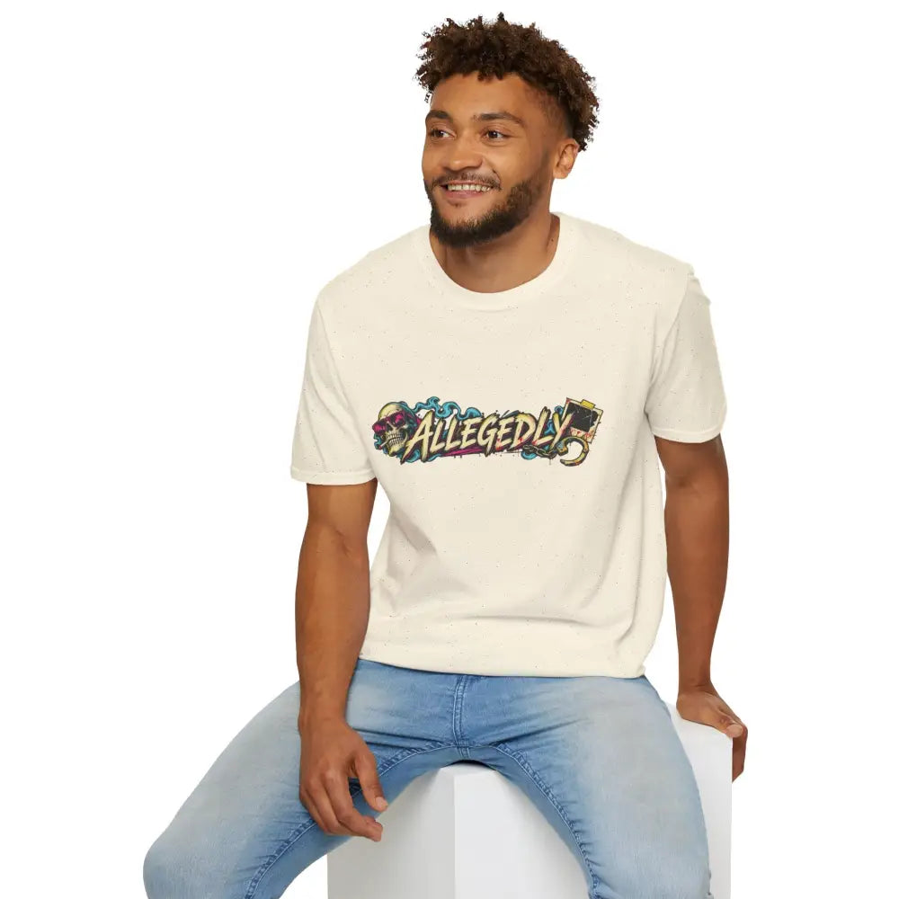 Cream-colored cotton unisex t-shirt with colorful graffiti allegedly graphic skull and camera motifs care instructions low heat tumble dry