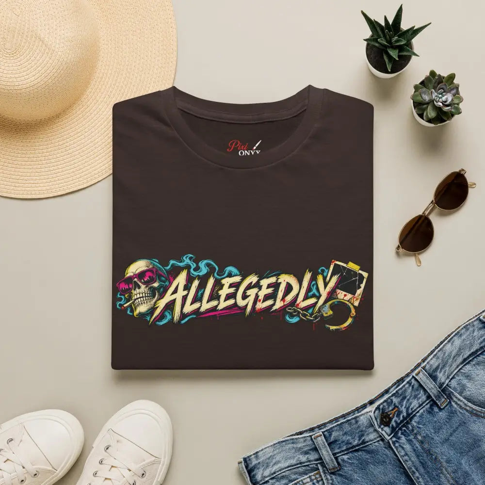 Dark brown cotton allegedly graffiti unisex tee with skull graphic and pink sunglasses care instructions low heat tumble dry