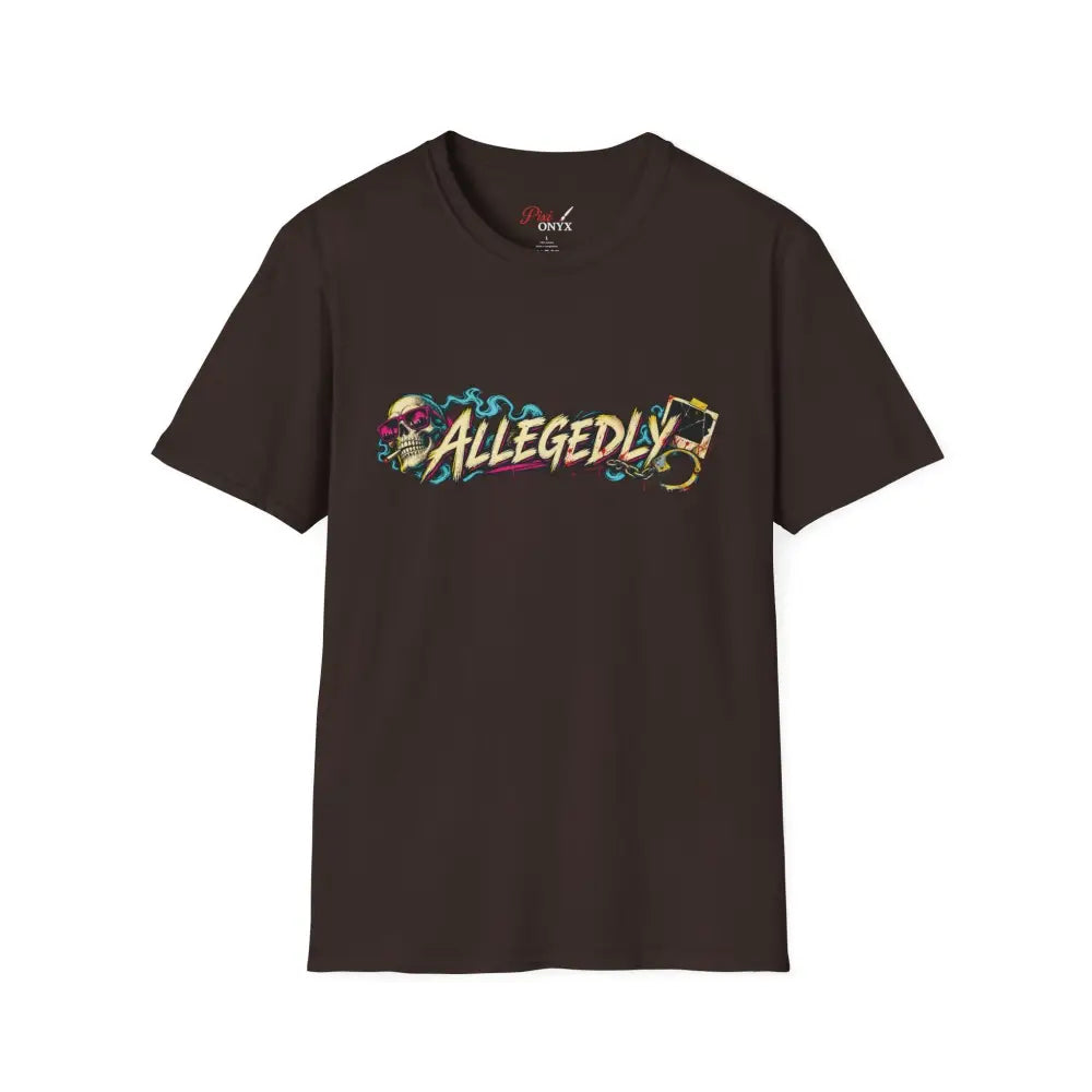 Dark brown short-sleeved allegedly graffiti unisex tee with skull and cassette tape design low heat tumble dry care instructions