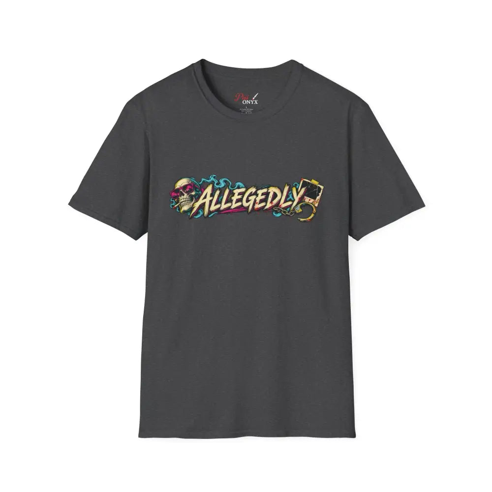 Dark gray unisex short-sleeved tee with vibrant allegedly graffiti skull graphic made for low heat tumble dry care instructions