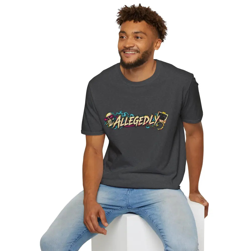 Dark gray crewneck t-shirt with colorful allegedly skull graffiti design featuring low heat tumble dry care instructions