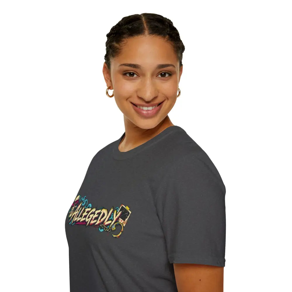 Dark gray cotton allegedly graffiti unisex tee with colorful street art graphic and care instructions for low heat tumble dry