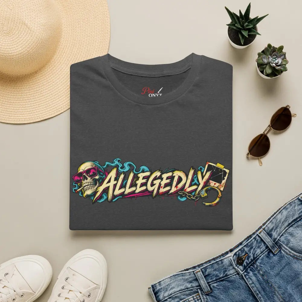 Dark gray crewneck t-shirt with graffiti skull graphic and allegedly lettering care instructions low heat tumble dry