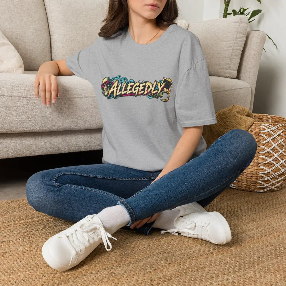 Gray oversized unisex t-shirt with colorful graffiti style allegedly graphic and care instructions low heat tumble dry