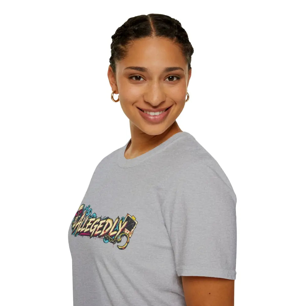 Gray cotton unisex t-shirt with colorful graffiti style allegedly graphic designed for low heat tumble dry care instructions