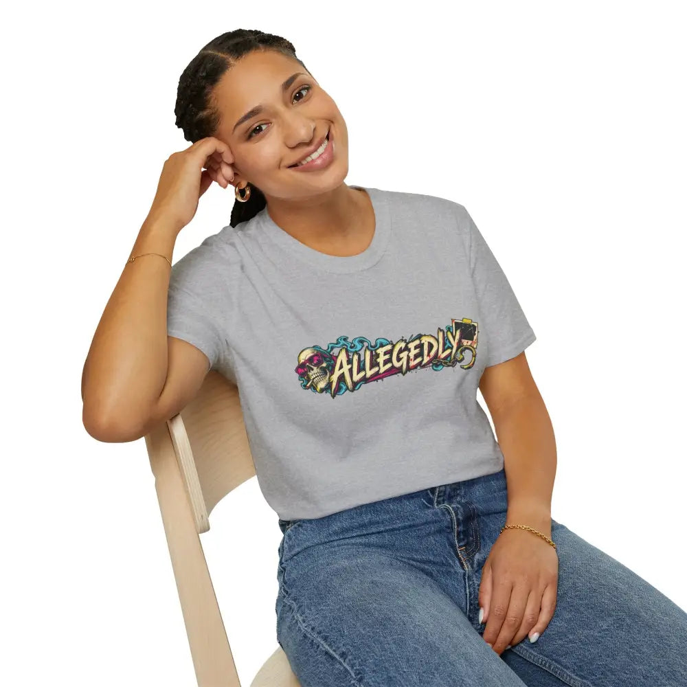 Gray cotton allegedly graffiti unisex tee with colorful skull graphic, low heat tumble dry care instructions recommended