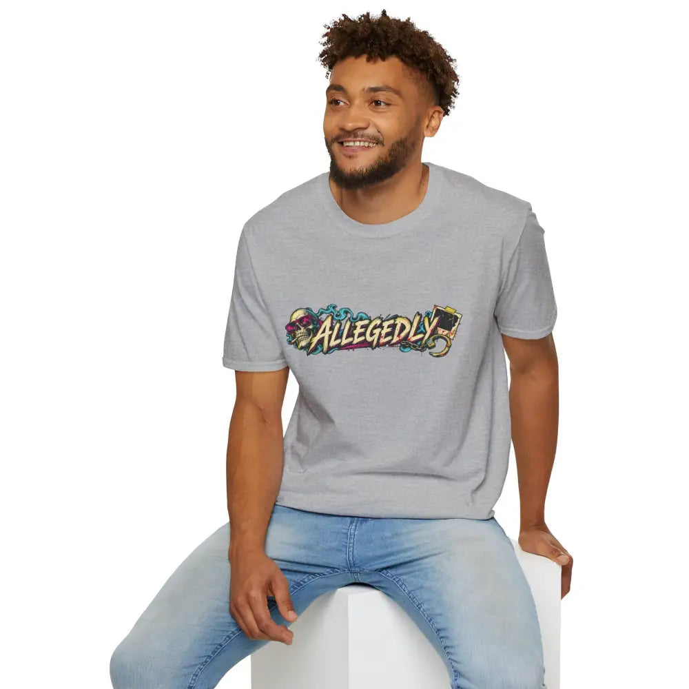Gray unisex crew-neck t-shirt with colorful allegedly graphic featuring skull and sunglasses motifs care instructions low heat tumble dry