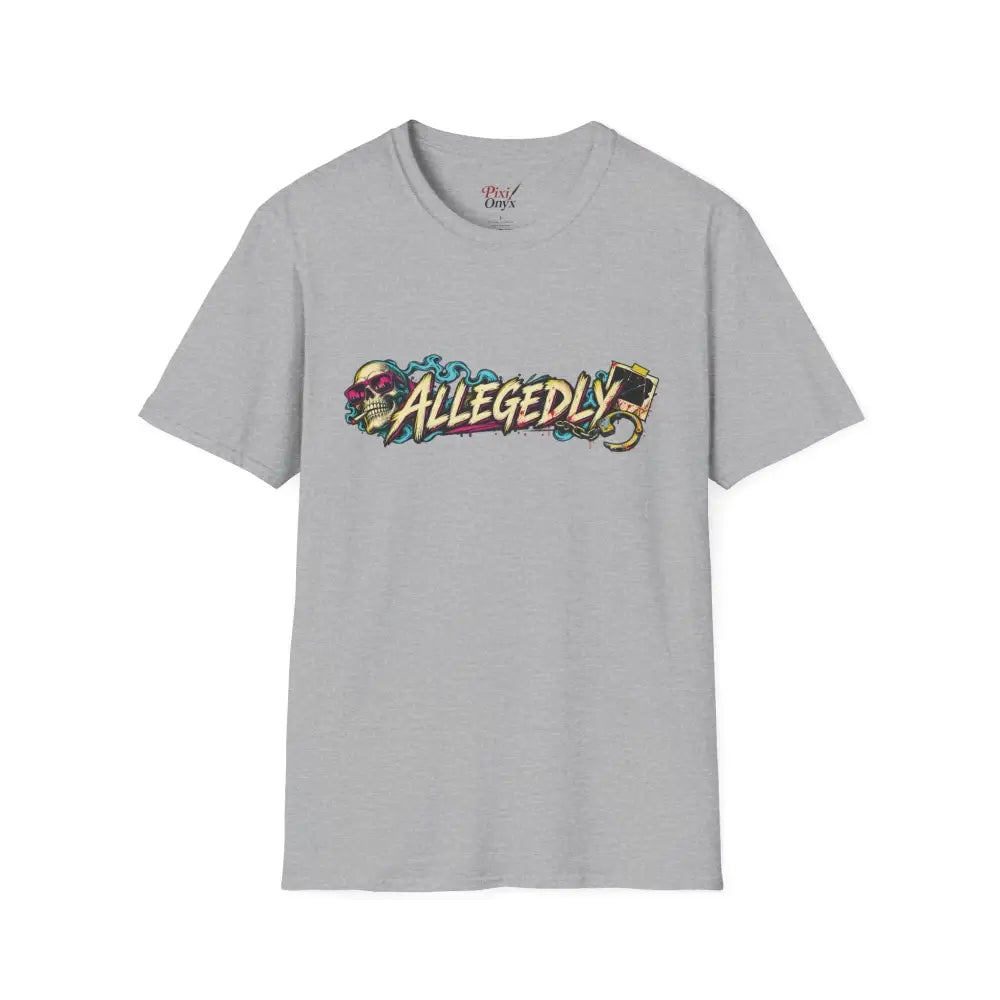 Gray short-sleeved unisex tee with colorful graffiti allegedly graphic featuring skull and camera care instructions low heat tumble dry