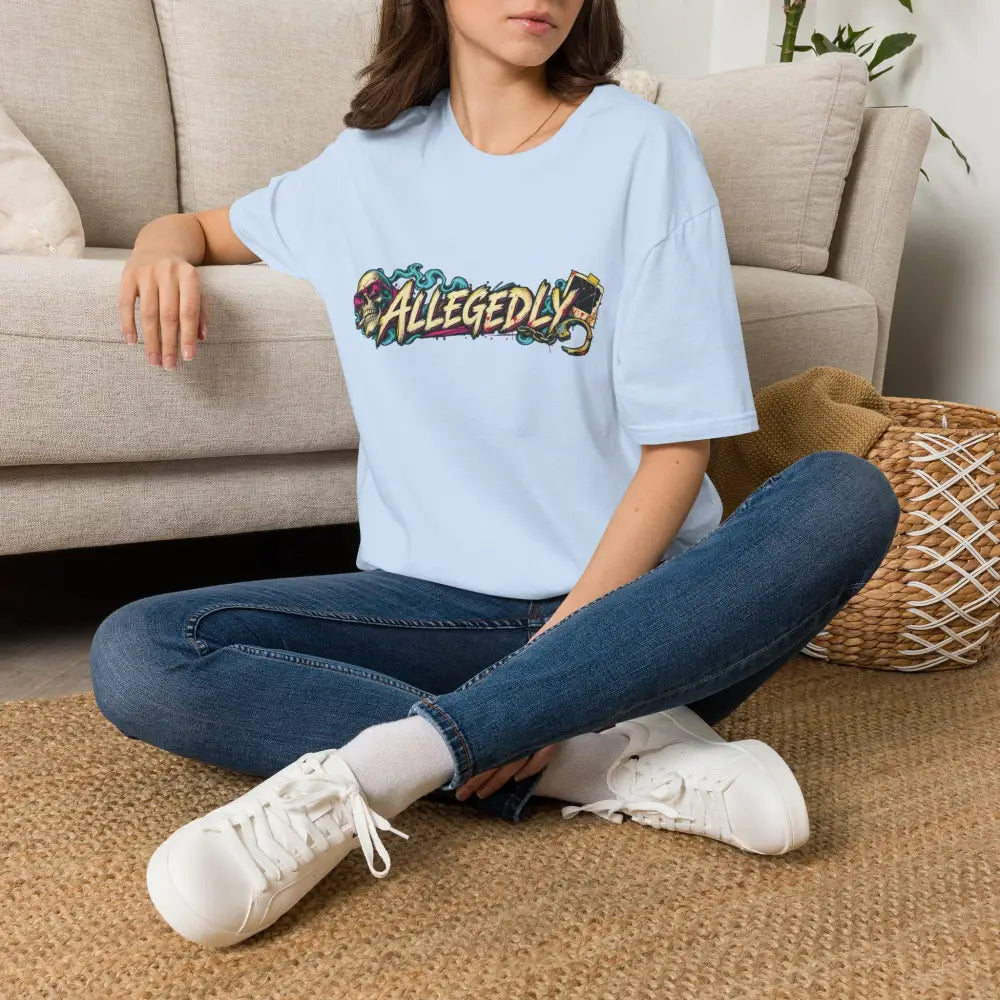 Light blue oversized unisex t-shirt with colorful graffiti-style allegedly graphic, low heat tumble dry care instructions