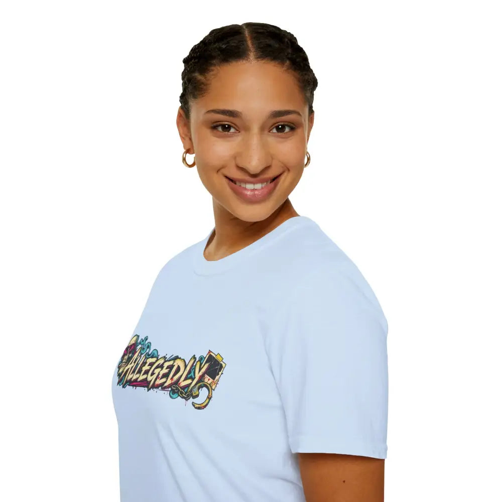 Light blue cotton unisex tee with colorful graffiti allegedly graphic and low heat tumble dry care instructions