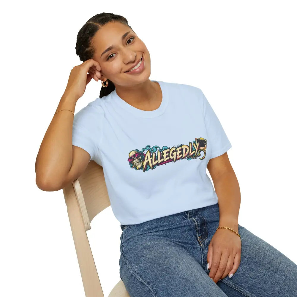 Light blue short-sleeved Allegedly graffiti unisex tee with colorful skulls graphic designed for low heat tumble dry care