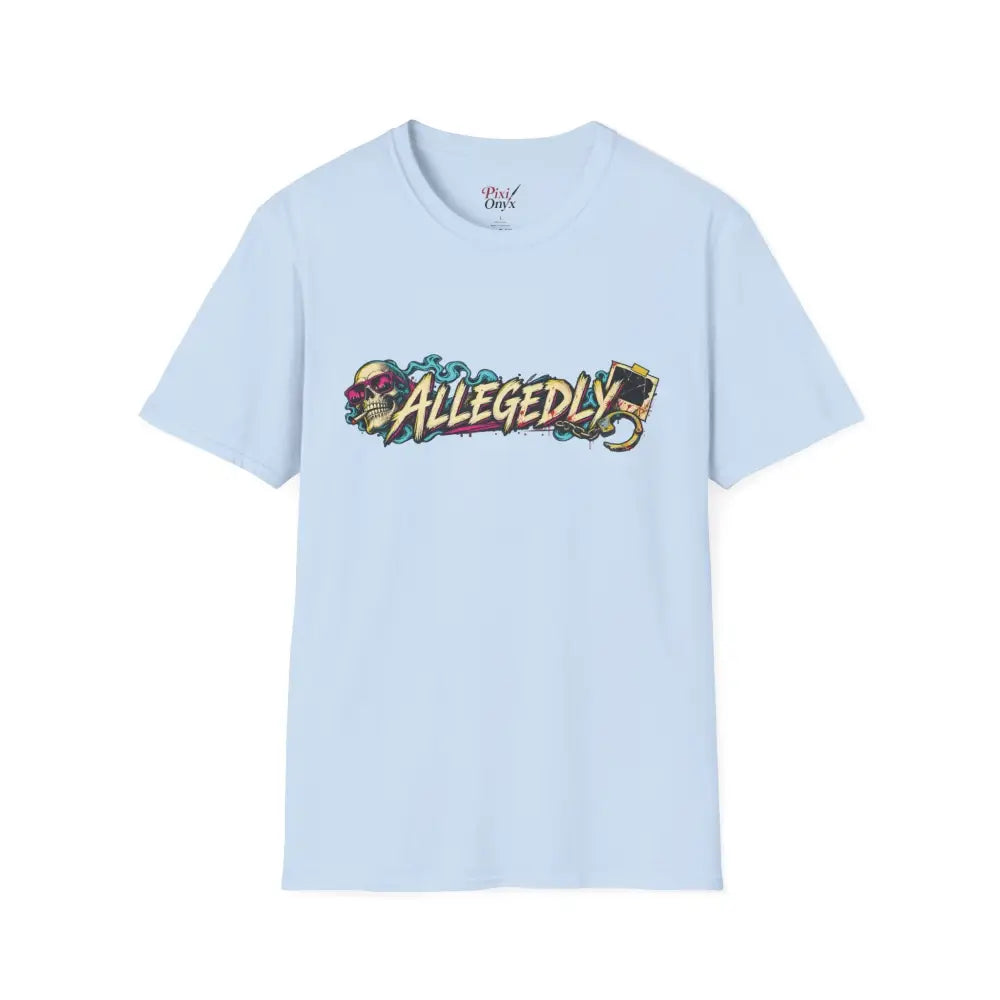 Light blue short-sleeved allegedly graffiti unisex tee with skull and camera design, low heat tumble dry care instructions