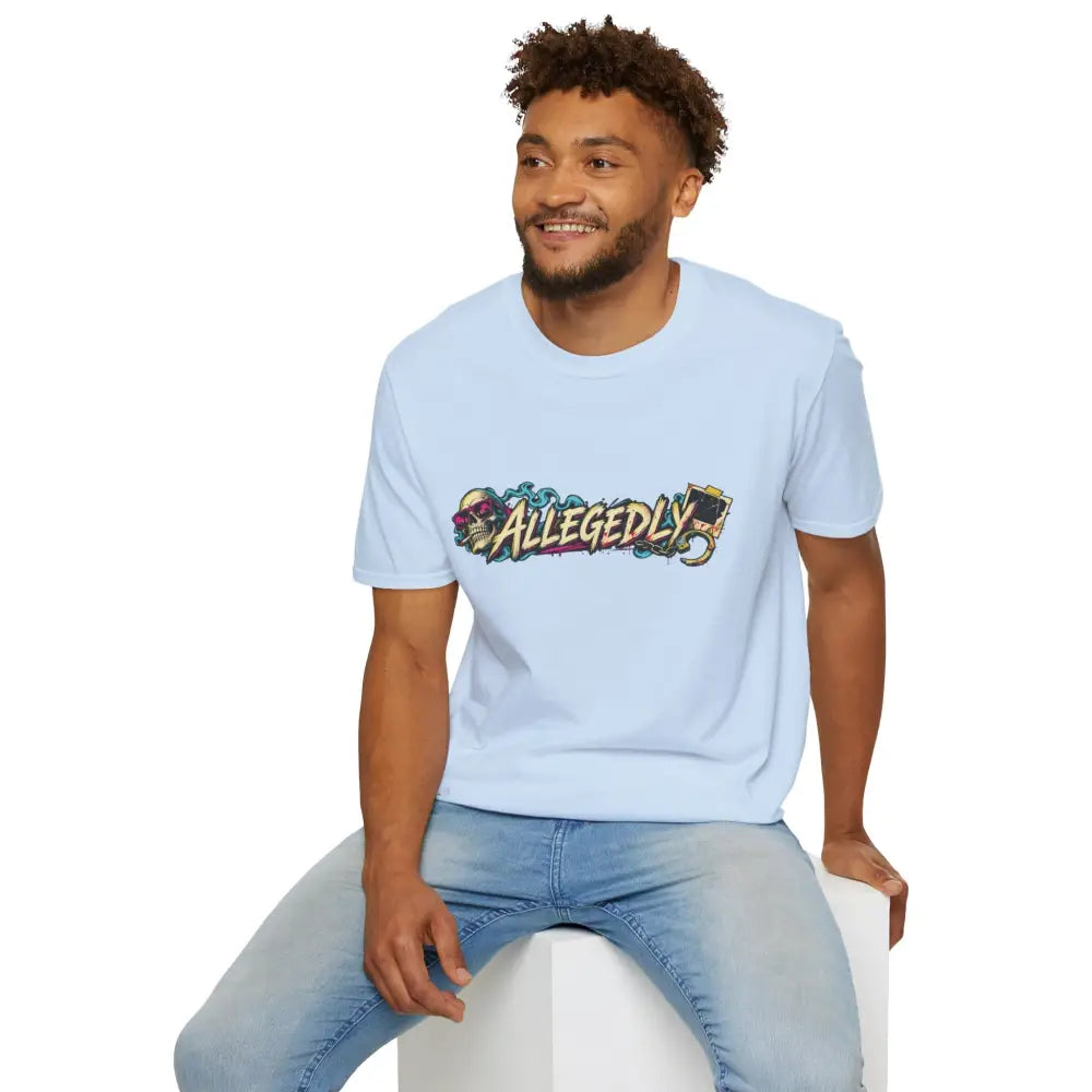 Light blue cotton allegedly graffiti unisex tee with colorful skull and chain graphic low heat tumble dry care instructions