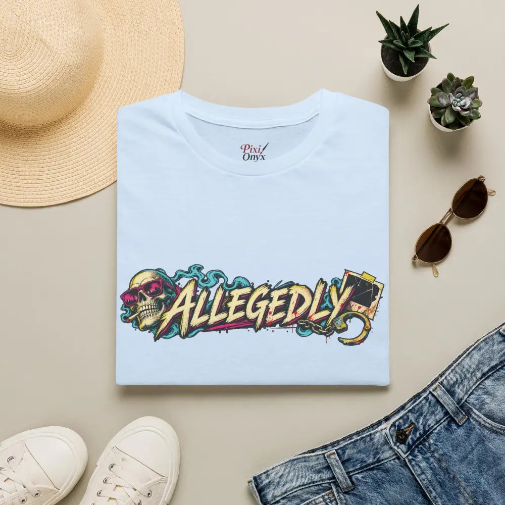 Light blue cotton allegedly graffiti unisex tee with skull graphic in pink sunglasses and colorful lettering care instructions low heat tumble dry