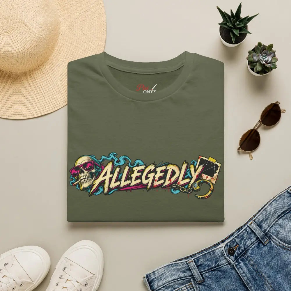 Olive green cotton unisex t-shirt with vibrant graffiti skull graphic and allegedly text, low heat tumble dry care instructions