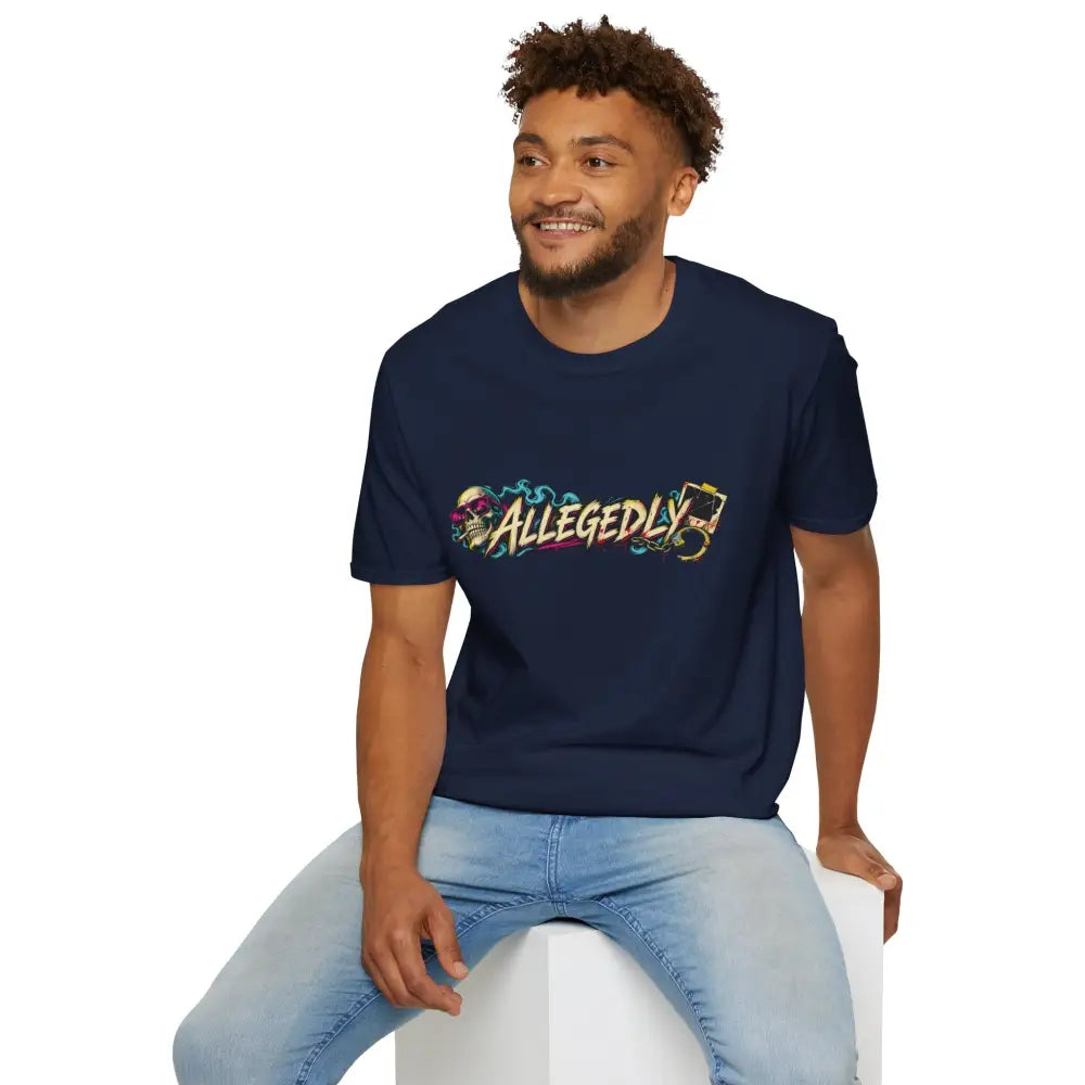 Navy blue short-sleeved allegedly graffiti unisex tee with colorful graphic designed for street art style care instructions include low heat tumble dry