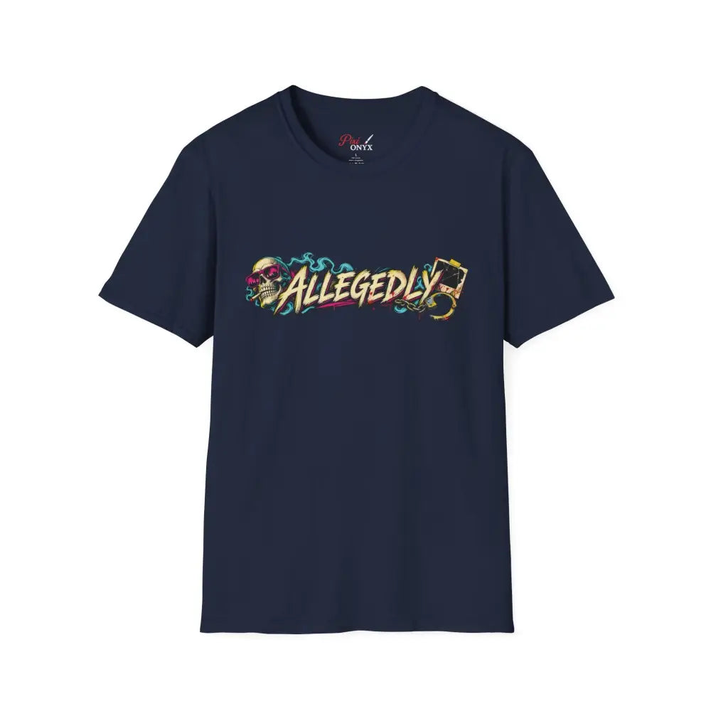Navy blue short-sleeved Allegedly graffiti unisex tee with skull graphic, recommend low heat tumble dry care instructions