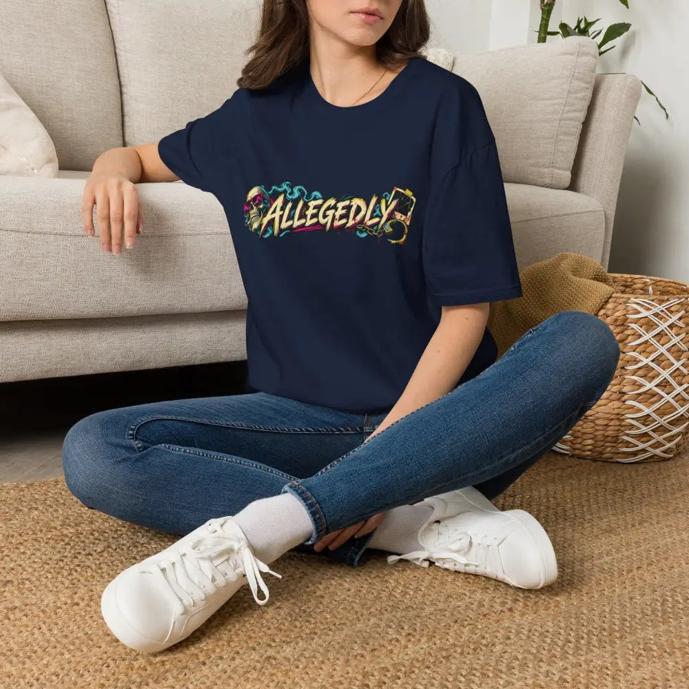 Navy blue oversized Allegedly Graffiti unisex tee with colorful print care instructions include low heat tumble dry