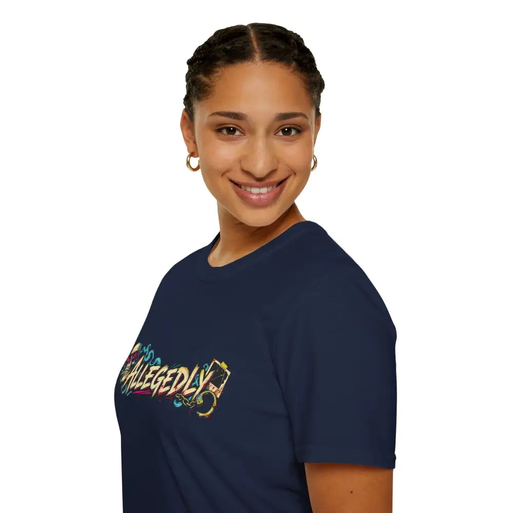 Navy blue allegedly graffiti unisex tee with colorful street art print made for low heat care instructions tumble dry
