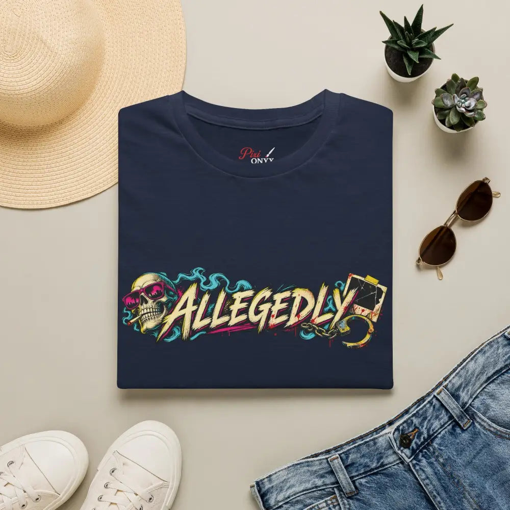 Navy blue allegedly graffiti unisex tee with skull sunglasses graphic made for low heat wash and tumble dry care instructions