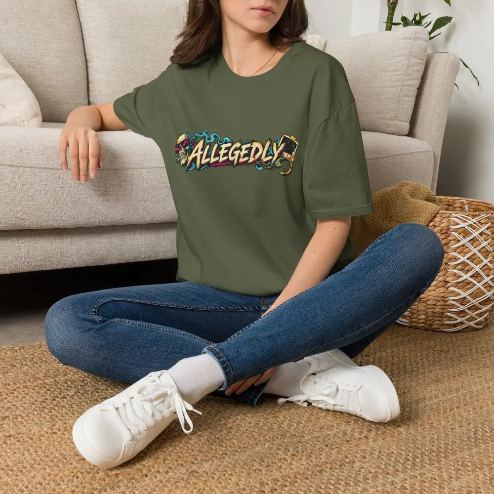 Olive green oversized unisex t-shirt with colorful graffiti style allegedly graphic and low heat tumble dry care instructions