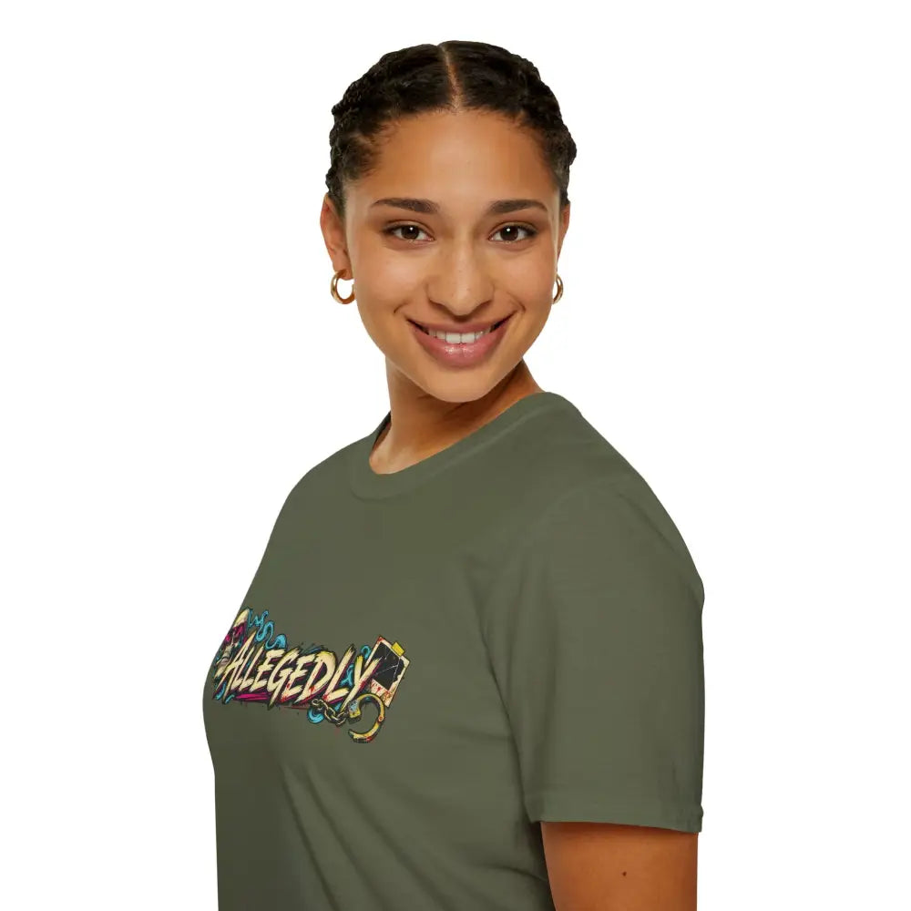 Olive green cotton allegedly graffiti unisex tee with colorful chest graphic low heat tumble dry care instructions