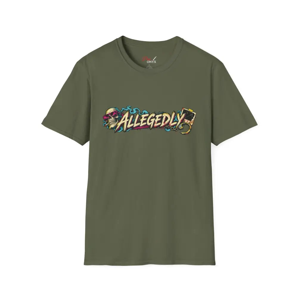 Olive green short-sleeved unisex t-shirt with colorful allegedly skull graphic street art design low heat tumble dry care instructions