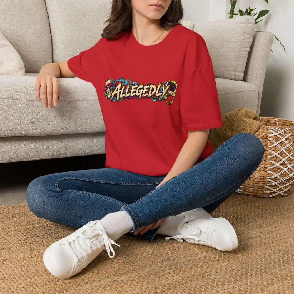 Red oversized unisex t-shirt with colorful allegedly graffiti print featuring low heat tumble dry care instructions