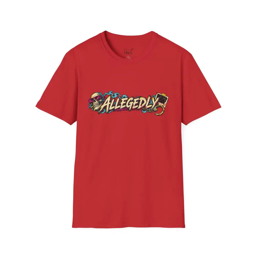 Red cotton t-shirt with vibrant graffiti-style allegedly graphic skull cassette tape design low heat tumble dry care instructions