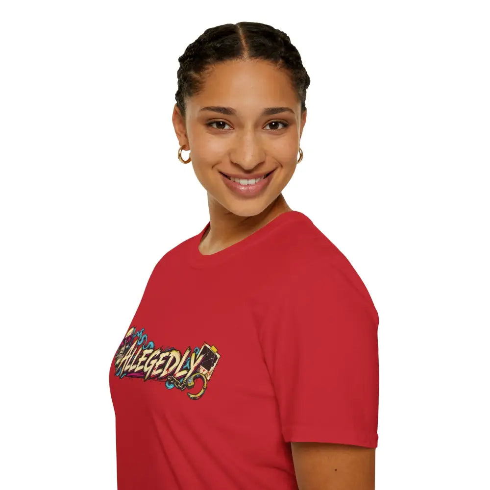 Red cotton allegedly graffiti unisex tee with colorful stylized graphic, low heat tumble dry care instructions recommended