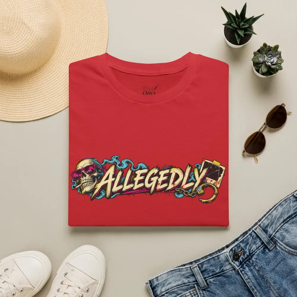 Red cotton unisex t-shirt with vibrant graffiti skull and allegedly design bold colors care instructions low heat tumble dry