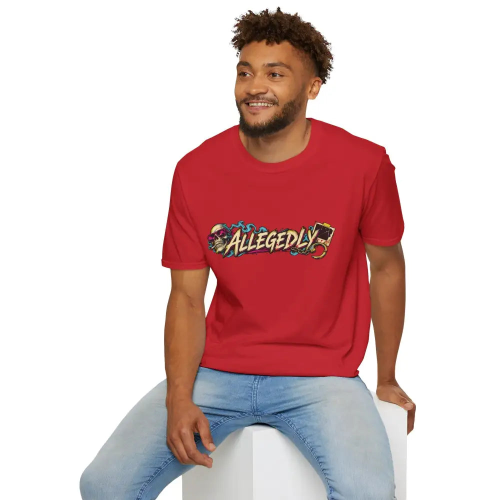 Red cotton unisex t-shirt featuring colorful allegedly graffiti skull and card graphic with low heat tumble dry care instructions