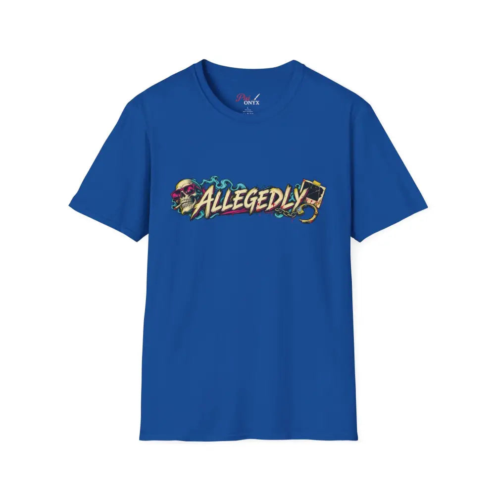 Royal blue short-sleeved Allegedly Graffiti unisex tee with skull and cassette graphic low heat tumble dry care instructions