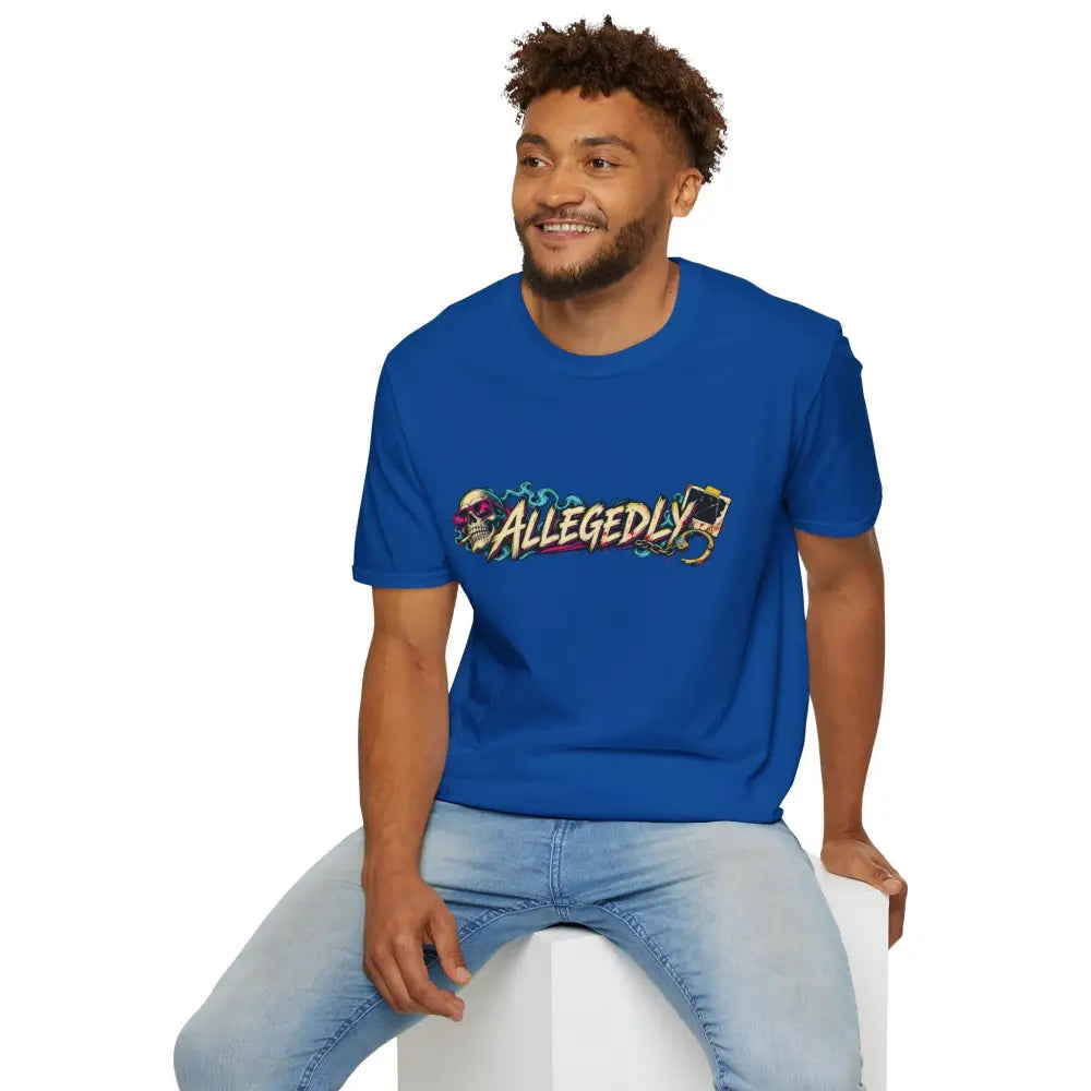 Royal blue cotton allegedly graffiti unisex tee with vibrant skull and card graphic care instructions low heat tumble dry