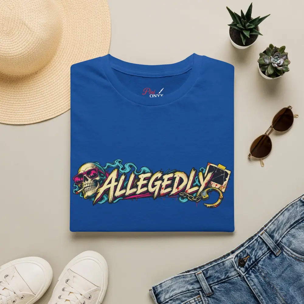 Blue cotton allegedly graffiti unisex tee featuring a skull with pink sunglasses and care instructions for low heat tumble dry
