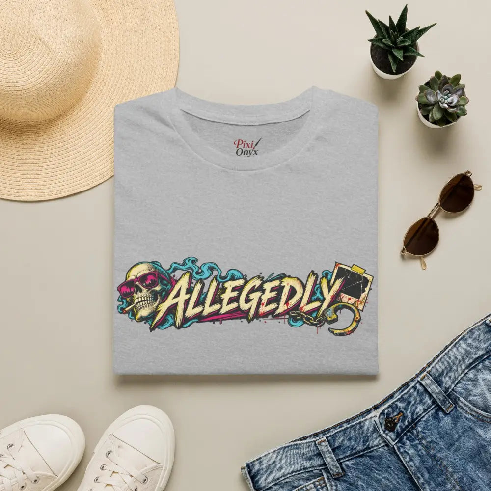 Heather gray allegedly graffiti unisex tee with skull and pink sunglasses graphic, low heat care instructions tumble dry